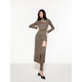 Deconstructing long-sleeved checkerboard dress with hollow waist