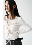 Split track pleated two color long sleeve T-shirt