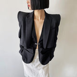 High shrug shoulder patchwork sleeve slim short LAPEL SUIT