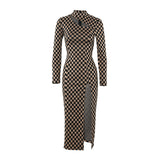 Deconstructing long-sleeved checkerboard dress with hollow waist