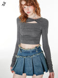 Low waist pleated denim skirt