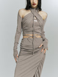 Grey slim fit button knot three piece suit skirt