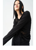 Split track pleated two color long sleeve T-shirt