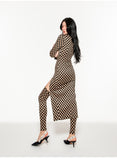 Deconstructing long-sleeved checkerboard dress with hollow waist