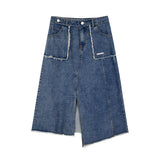 Spliced long split denim skirt