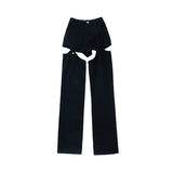 Irregular fake two-piece hollow jeans