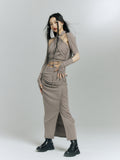 Grey slim fit button knot three piece suit skirt