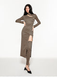 Deconstructing long-sleeved checkerboard dress with hollow waist