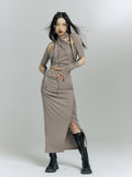 Grey slim fit button knot three piece suit skirt