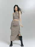 Grey slim fit button knot three piece suit skirt