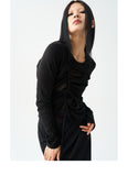 Split track pleated two color long sleeve T-shirt