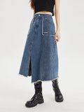 Spliced long split denim skirt