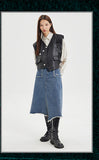 Spliced long split denim skirt