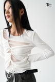 Split track pleated two color long sleeve T-shirt