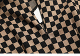 Deconstructing long-sleeved checkerboard dress with hollow waist