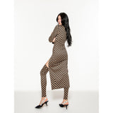 Deconstructing long-sleeved checkerboard dress with hollow waist