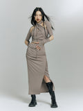 Grey slim fit button knot three piece suit skirt