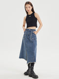 Spliced long split denim skirt