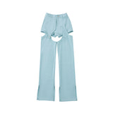 Irregular fake two-piece hollow jeans